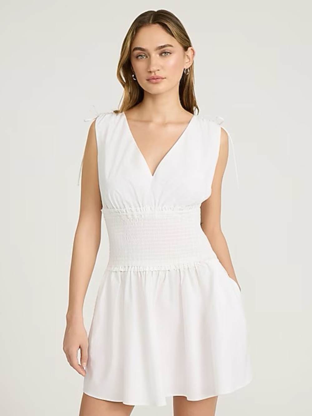 Express Cotton Poplin V-Neck Smocked Waist Mini Dress with Tie Details, Size M